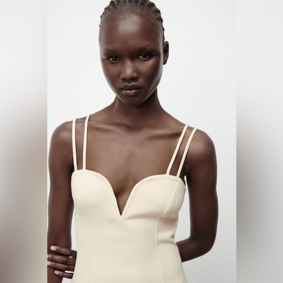 NWT - Zara Cream Sweetheart Neck Mini Dress - Size L - Picture 4 of 5